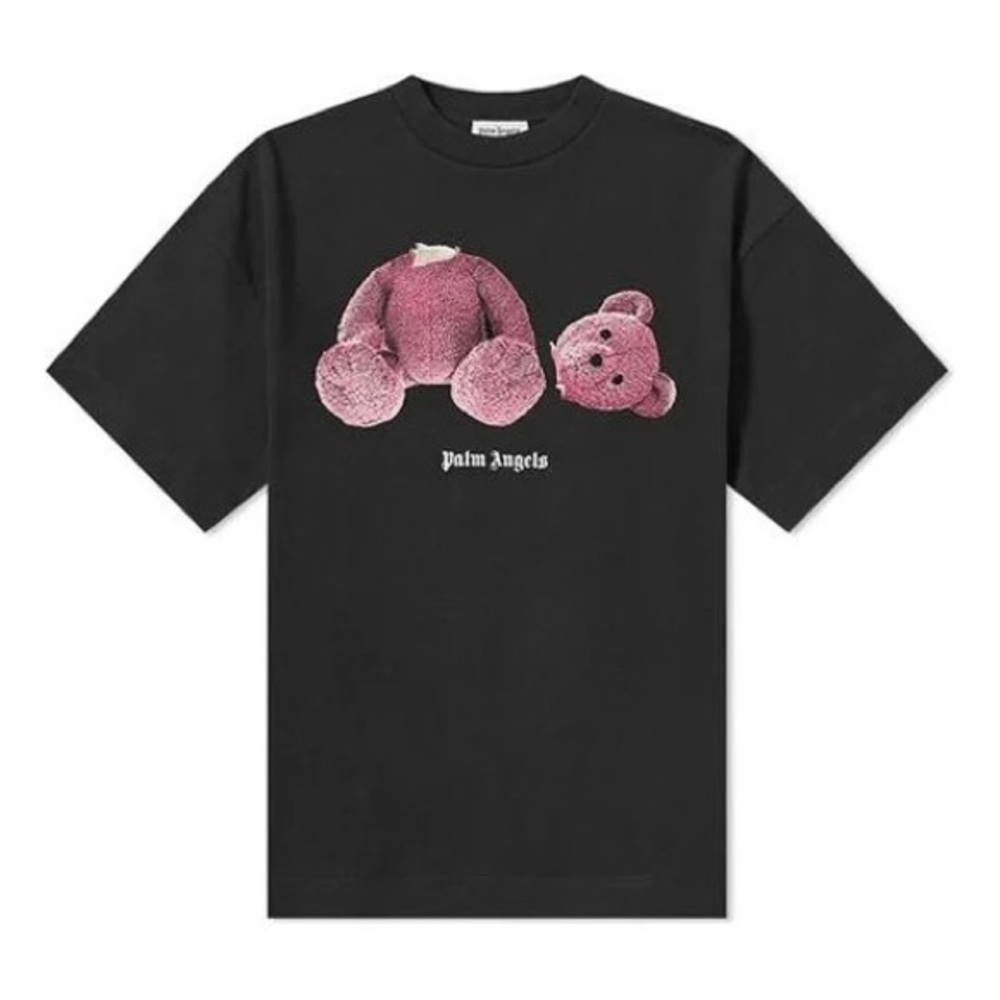 Palm Angels Black T-Shirt with Pink Bear Graphic